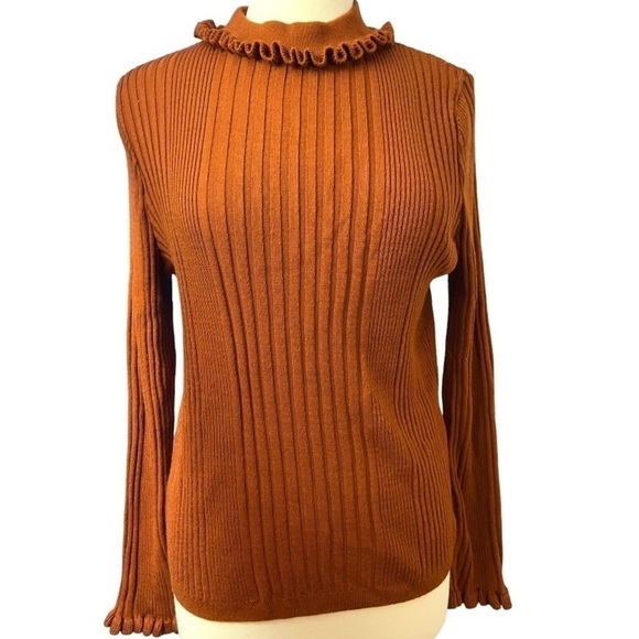 ASOS Fall Rust Orange Pumpkin Ruffle Mock Neck Sweater Stretch Ribbed FALL Cozy - Picture 1 of 9